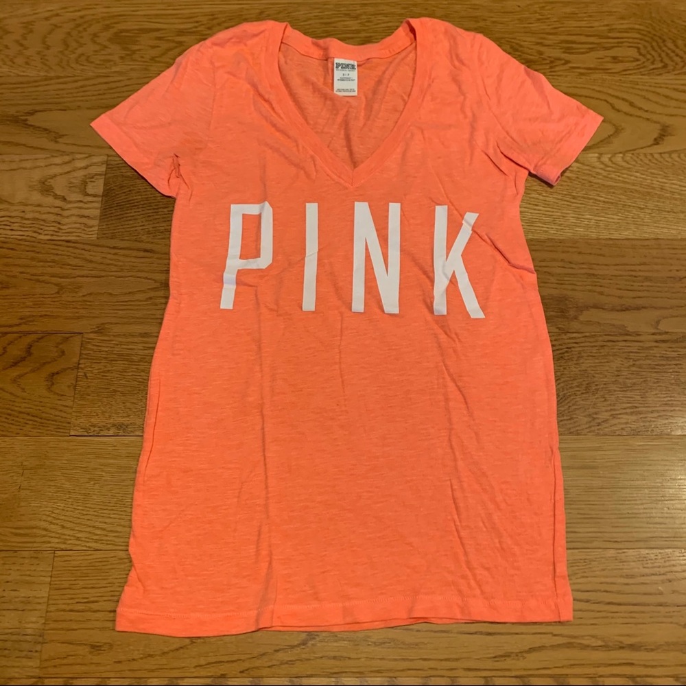 PINK Neon Orange V-Neck Tee Shirt Size S 🌟